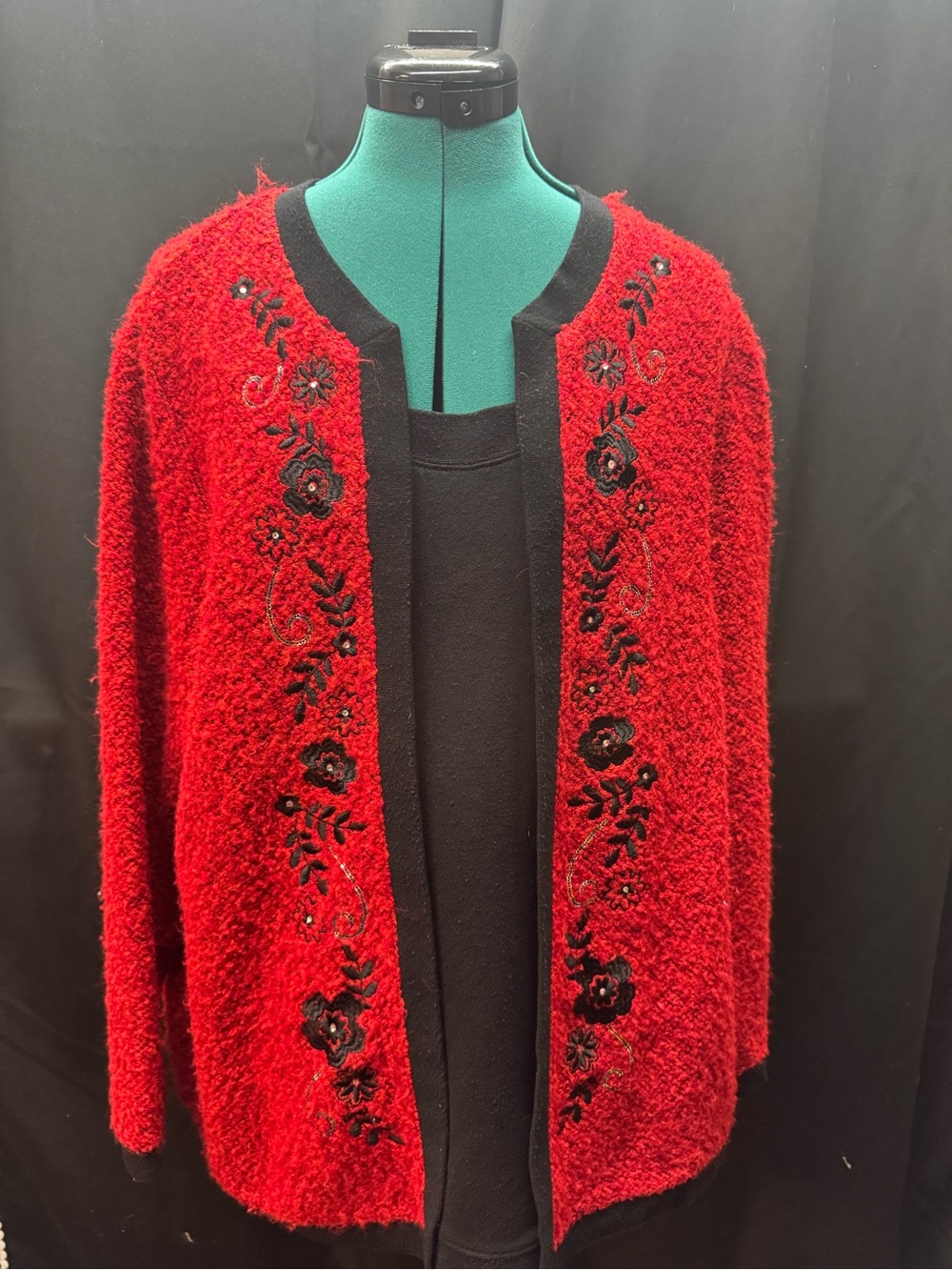 Cathy Daniels Red Open-Front Sweater with Black Floral Embroidery